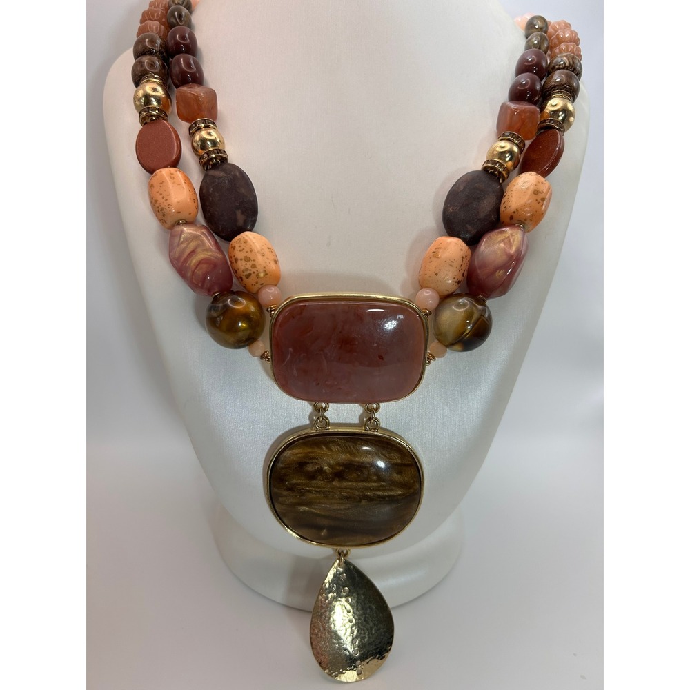 Chicos Beaded Statement Necklace Womens OS Brown Gold Good Layered Boho Pendant